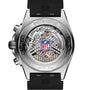 Back view of the Breitling Chronomat B01 42 NFL Minnesota Vikings Edition luxury watch, showing visible gears and the NFL logo on the transparent case back.