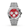 The Breitling Chronomat B01 42 NFL Kansas City Chiefs Edition features a red dial with three white subdials and comes on a silver metal link bracelet.