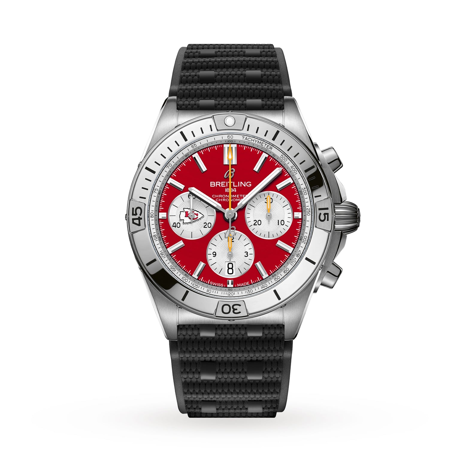 The Breitling Chronomat B01 42 NFL Kansas City Chiefs Edition features a silver case, red dial, white subdials, and a black textured strap.