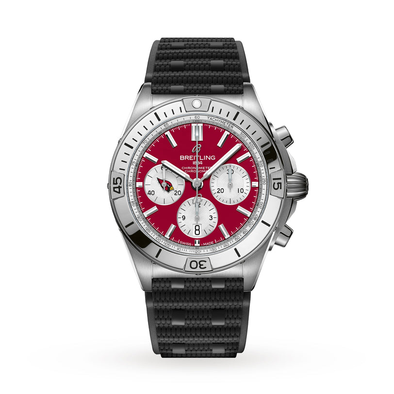 The Breitling Chronomat B01 42 NFL Arizona Cardinals Edition features a silver case, red dial with three subdials, and a black textured strap.