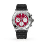 The Breitling Chronomat B01 42 NFL Arizona Cardinals Edition features a silver case, red dial with three subdials, and a black textured strap.