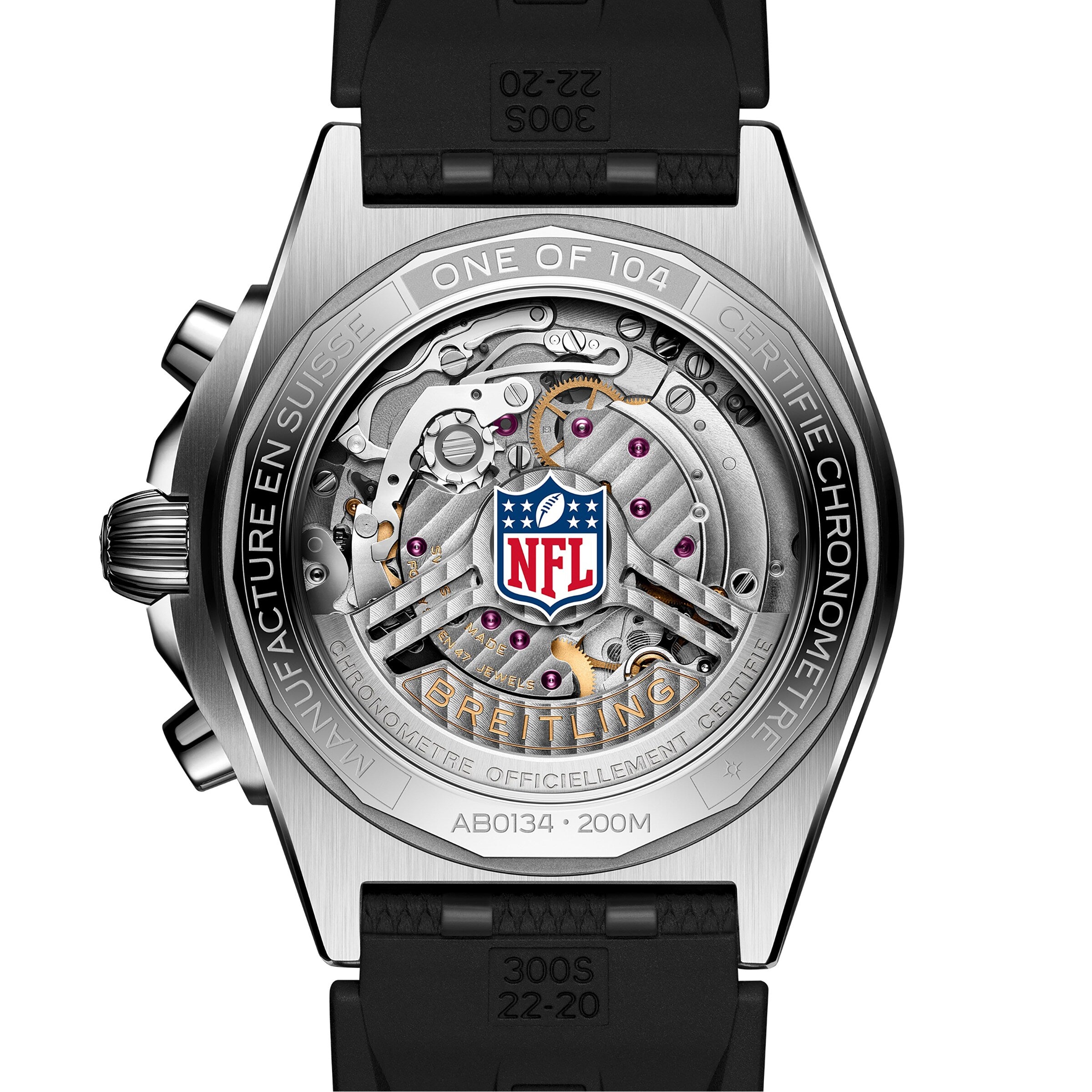 The Breitling Chronomat B01 42 NFL Tampa Bay Buccaneers Edition features a luxury watch back with a visible mechanical movement, an NFL logo at the center, and detailed engravings.