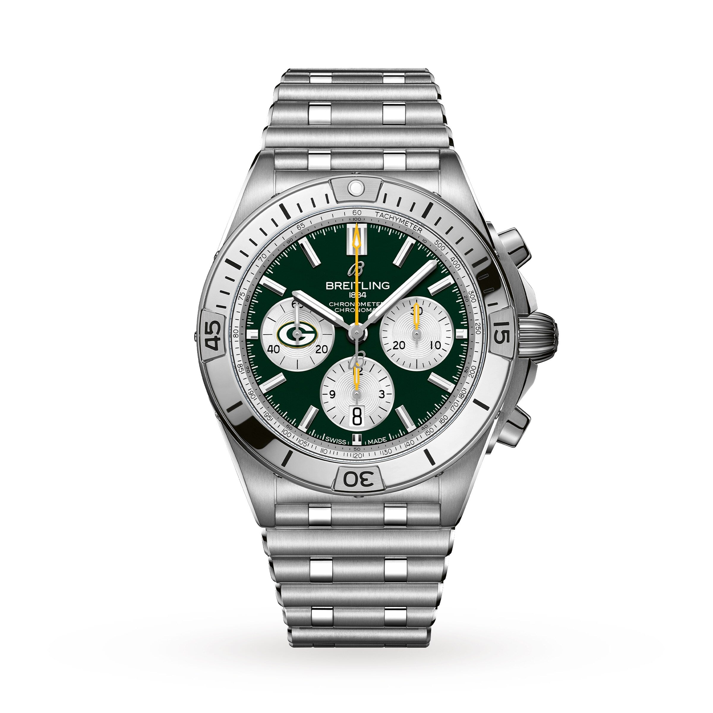 Breitling Chronomat B01 42 NFL Green Bay Packers Edition: stainless steel chronograph with green dial, three subdials, and metal bracelet.