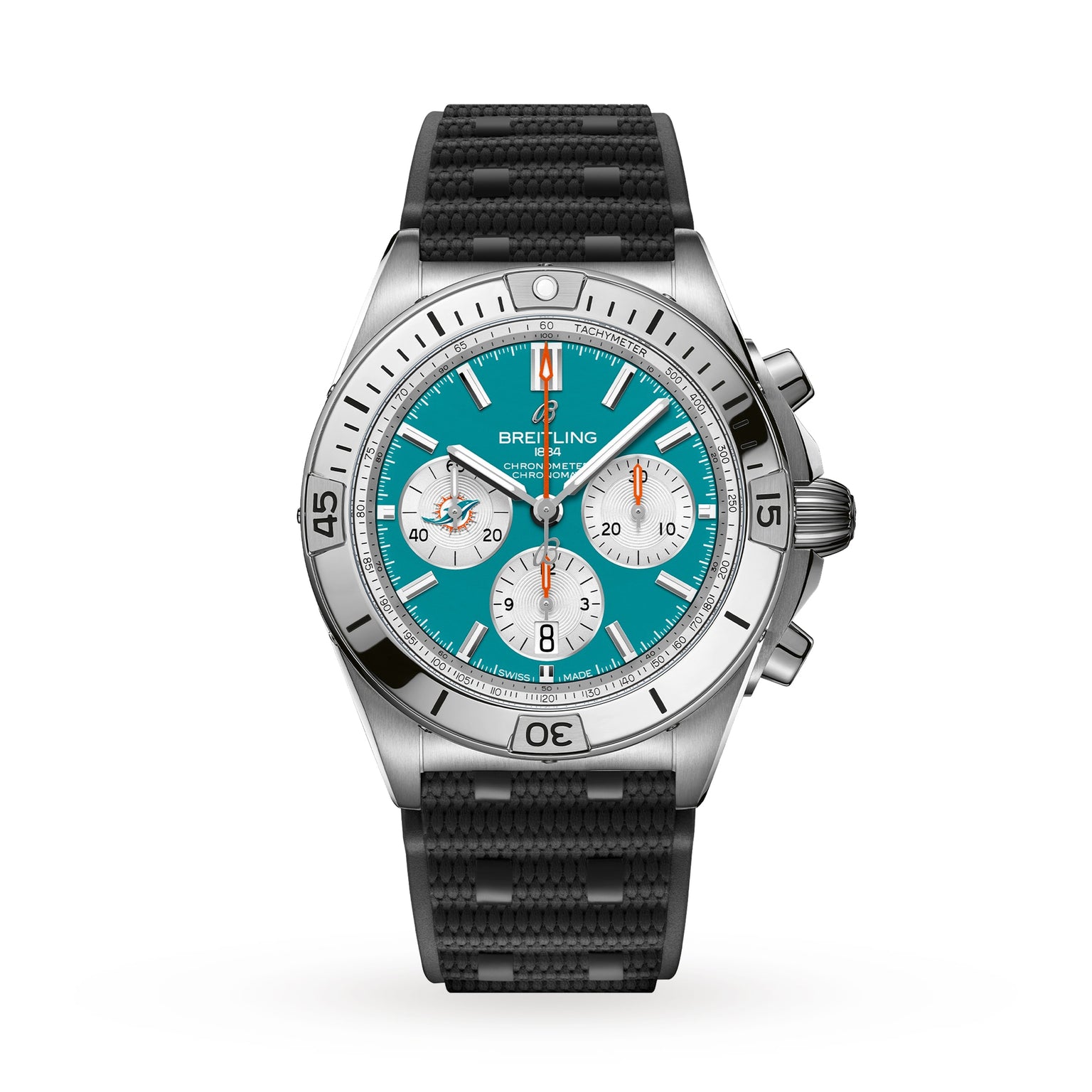 Breitling Chronomat B01 42 NFL Miami Dolphins Edition: silver chronograph watch with a teal dial, three subdials, and a black textured strap.