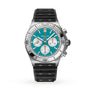 Breitling Chronomat B01 42 NFL Miami Dolphins Edition: silver chronograph watch with a teal dial, three subdials, and a black textured strap.