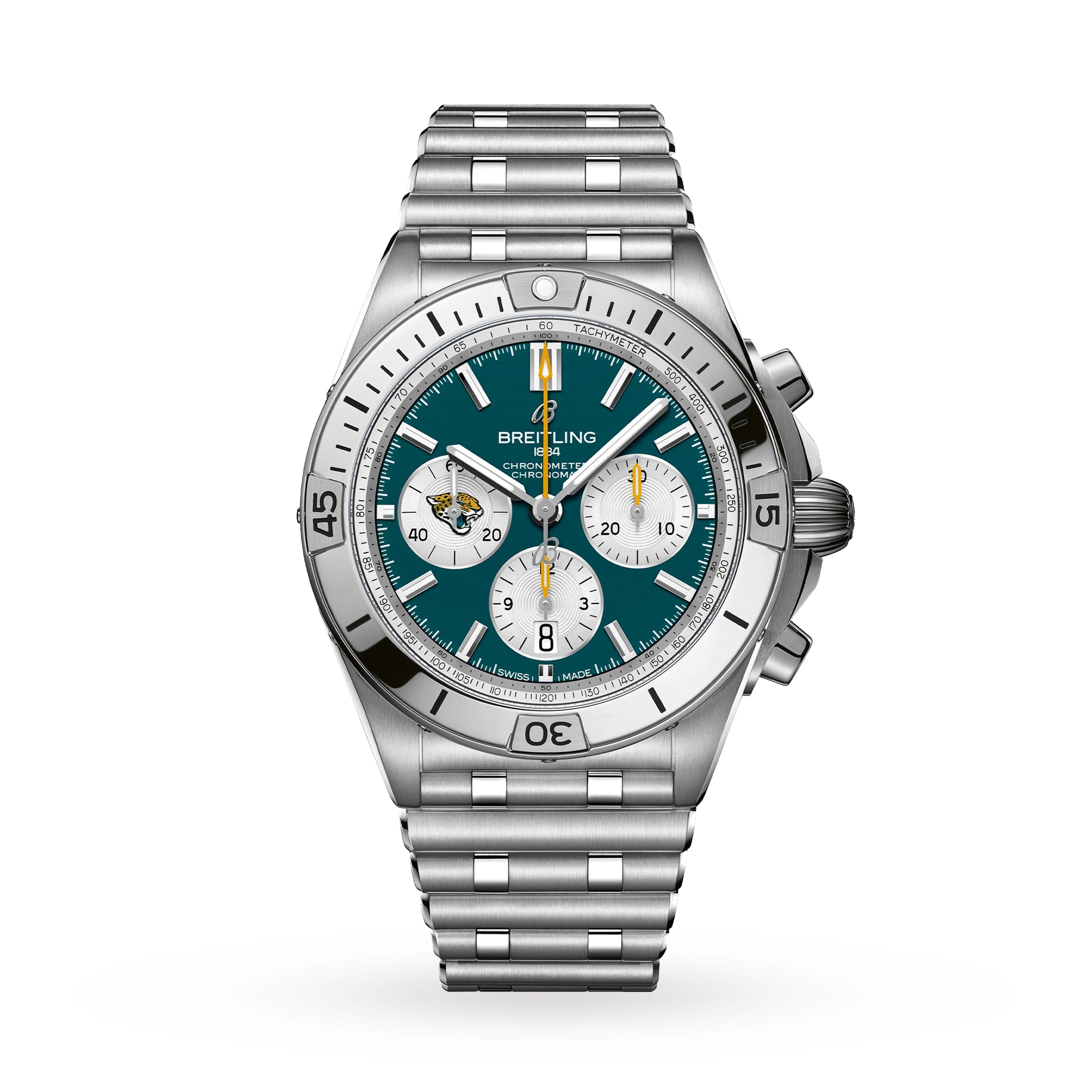 Breitling Chronomat B01 42 NFL Jacksonville Jaguars Edition: a silver chronograph watch with a teal dial, three subdials, and a metal bracelet.