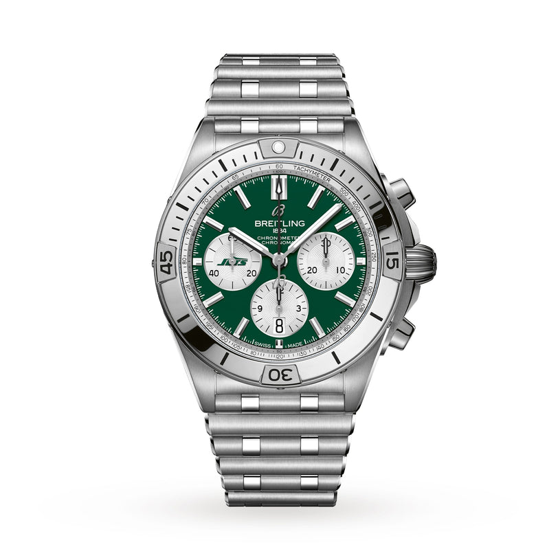 The Breitling Chronomat B01 42 NFL New York Jets Edition features a stainless steel case, green dial with silver chronograph subdials, and comes on a metal bracelet.