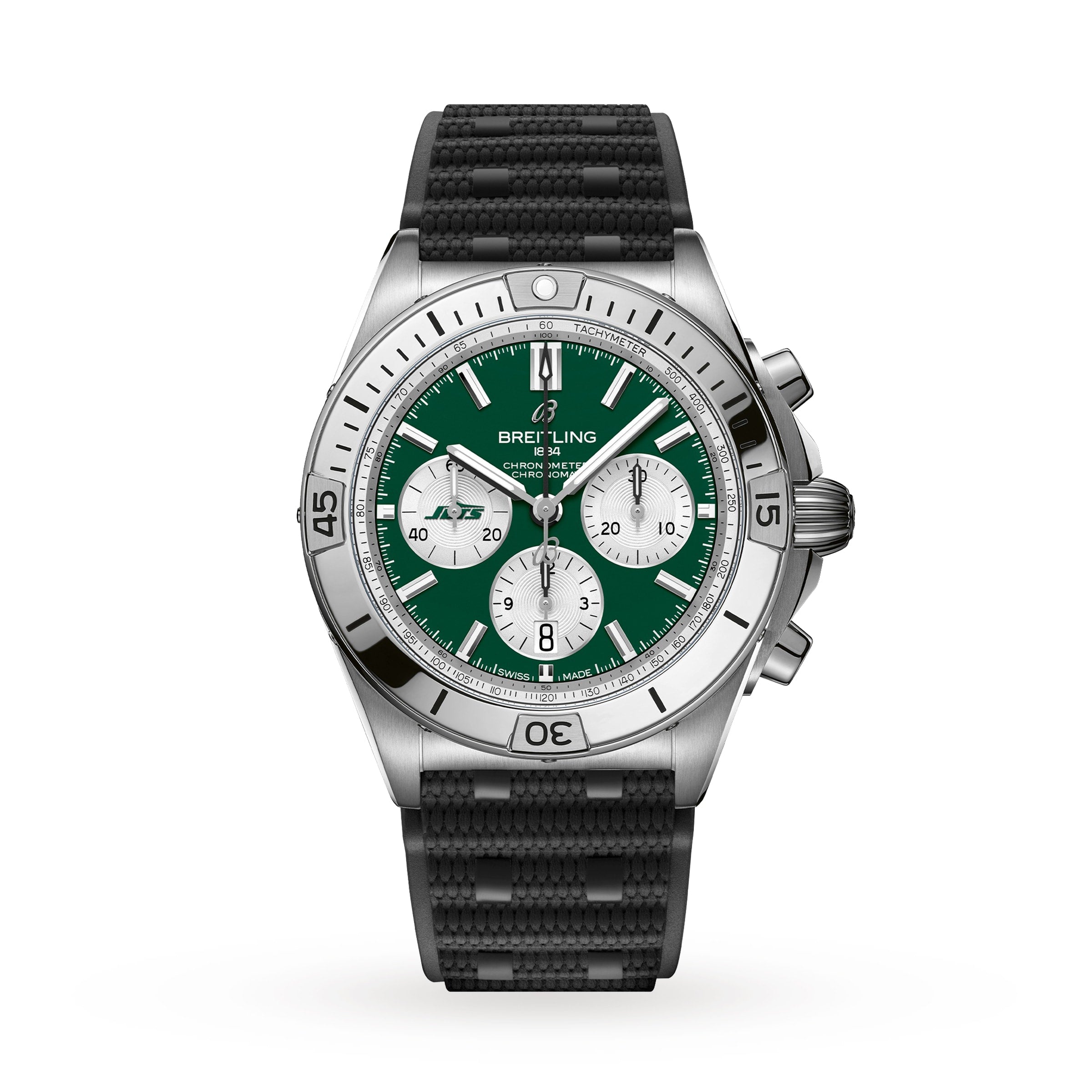 The Breitling Chronomat B01 42 NFL New York Jets Edition is a chronograph watch featuring a green dial, silver bezel, and black textured strap.