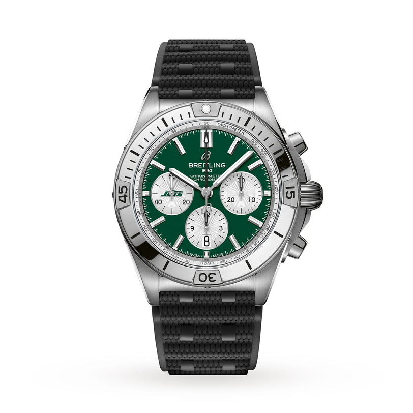 The Breitling Chronomat B01 42 NFL New York Jets Edition is a chronograph watch featuring a green dial, silver bezel, and black textured strap.