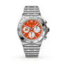 The Breitling Chronomat B01 42 NFL Cincinnati Bengals Edition features a stainless steel case, orange dial with three subdials, and a metal bracelet.