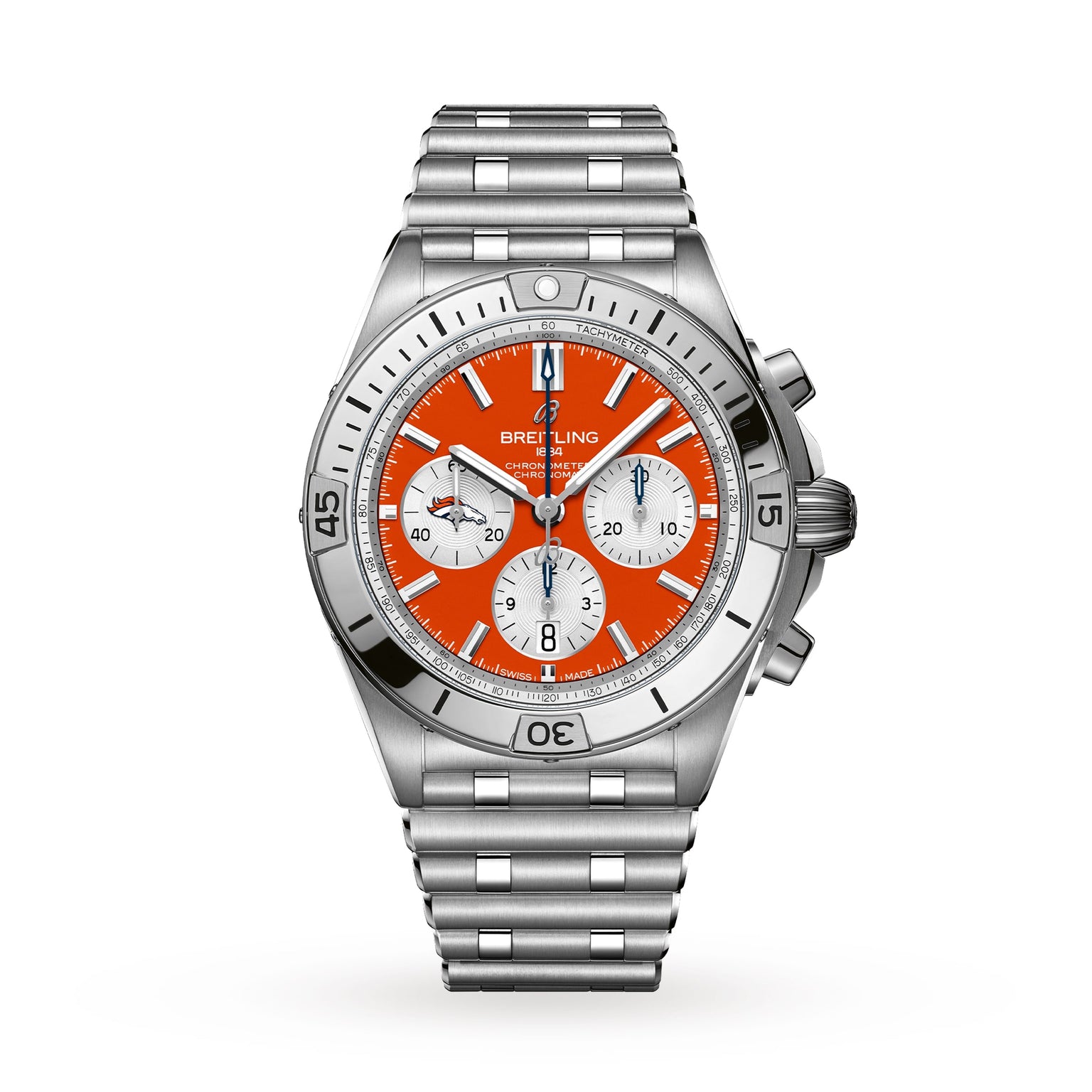 The Breitling Chronomat B01 42 NFL Denver Broncos Edition is a stainless steel chronograph watch featuring an orange dial and a silver bracelet.