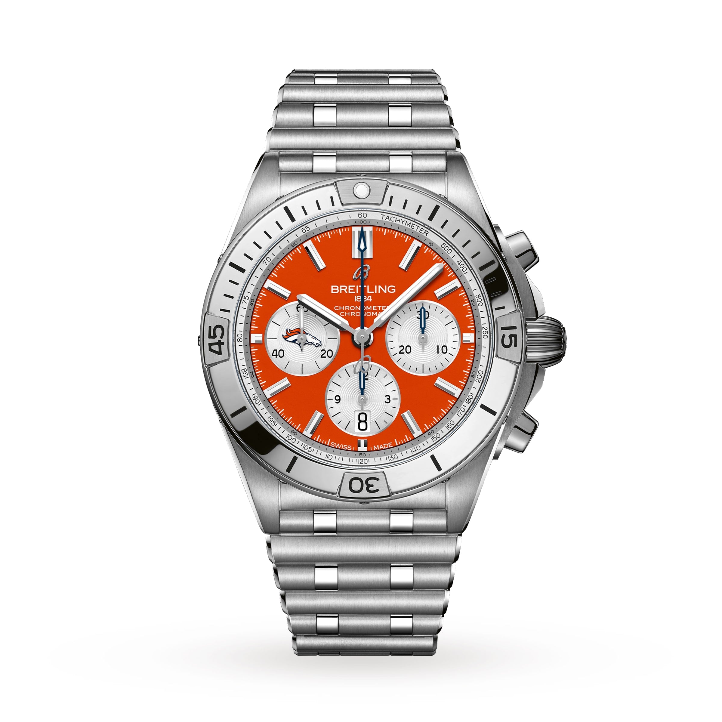 The Breitling Chronomat B01 42 NFL Denver Broncos Edition is a stainless steel chronograph watch featuring an orange dial and a silver bracelet.