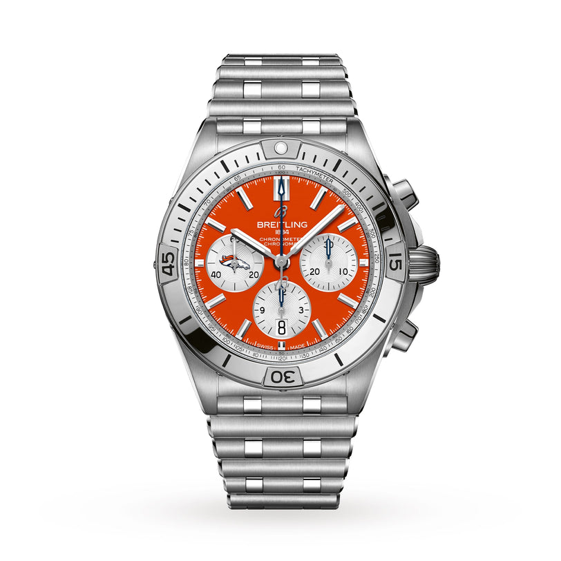 The Breitling Chronomat B01 42 NFL Denver Broncos Edition is a stainless steel chronograph watch featuring an orange dial and a silver bracelet.