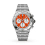 The Breitling Chronomat B01 42 NFL Denver Broncos Edition is a stainless steel chronograph watch featuring an orange dial and a silver bracelet.