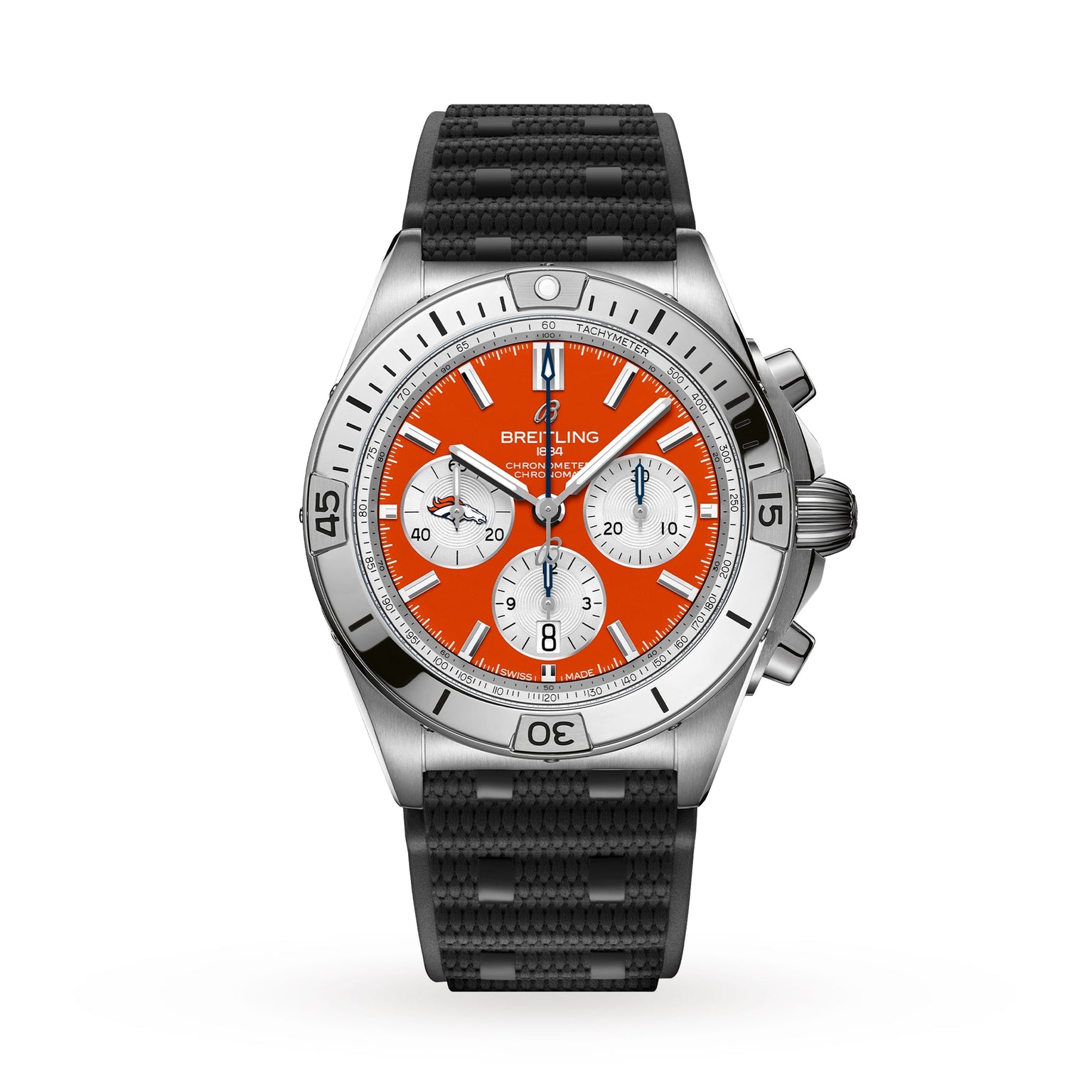 The Breitling Chronomat B01 42 NFL Denver Broncos Edition features a silver case, orange face, black strap, and white subdials, displayed on a white background.