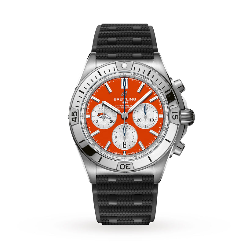 The Breitling Chronomat B01 42 NFL Denver Broncos Edition features a silver case, orange face, black strap, and white subdials, displayed on a white background.