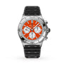 The Breitling Chronomat B01 42 NFL Denver Broncos Edition features a silver case, orange face, black strap, and white subdials, displayed on a white background.