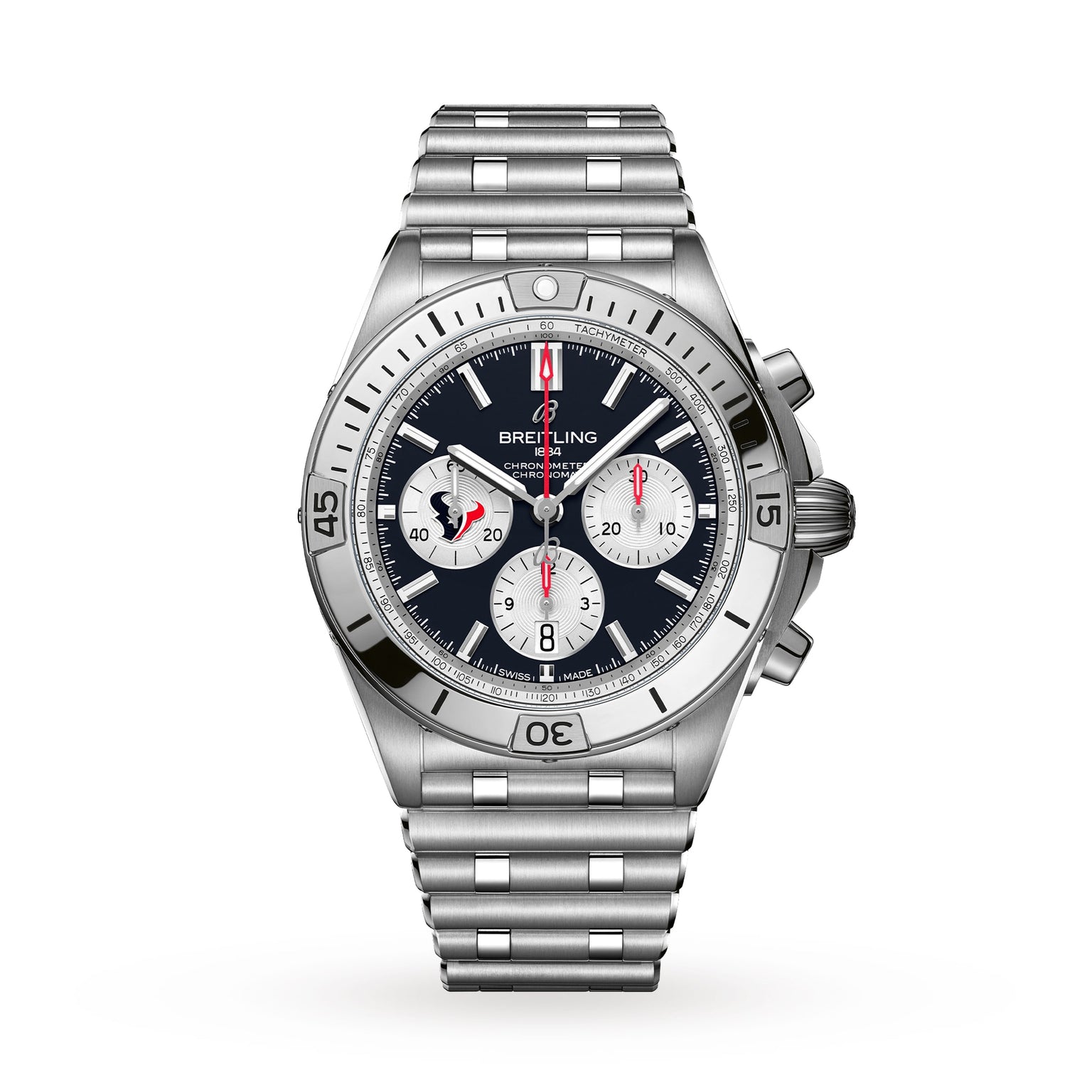 The Breitling Chronomat B01 42 NFL Houston Texans Edition features a silver chronograph case, black dial with three subdials, and a metal link bracelet.