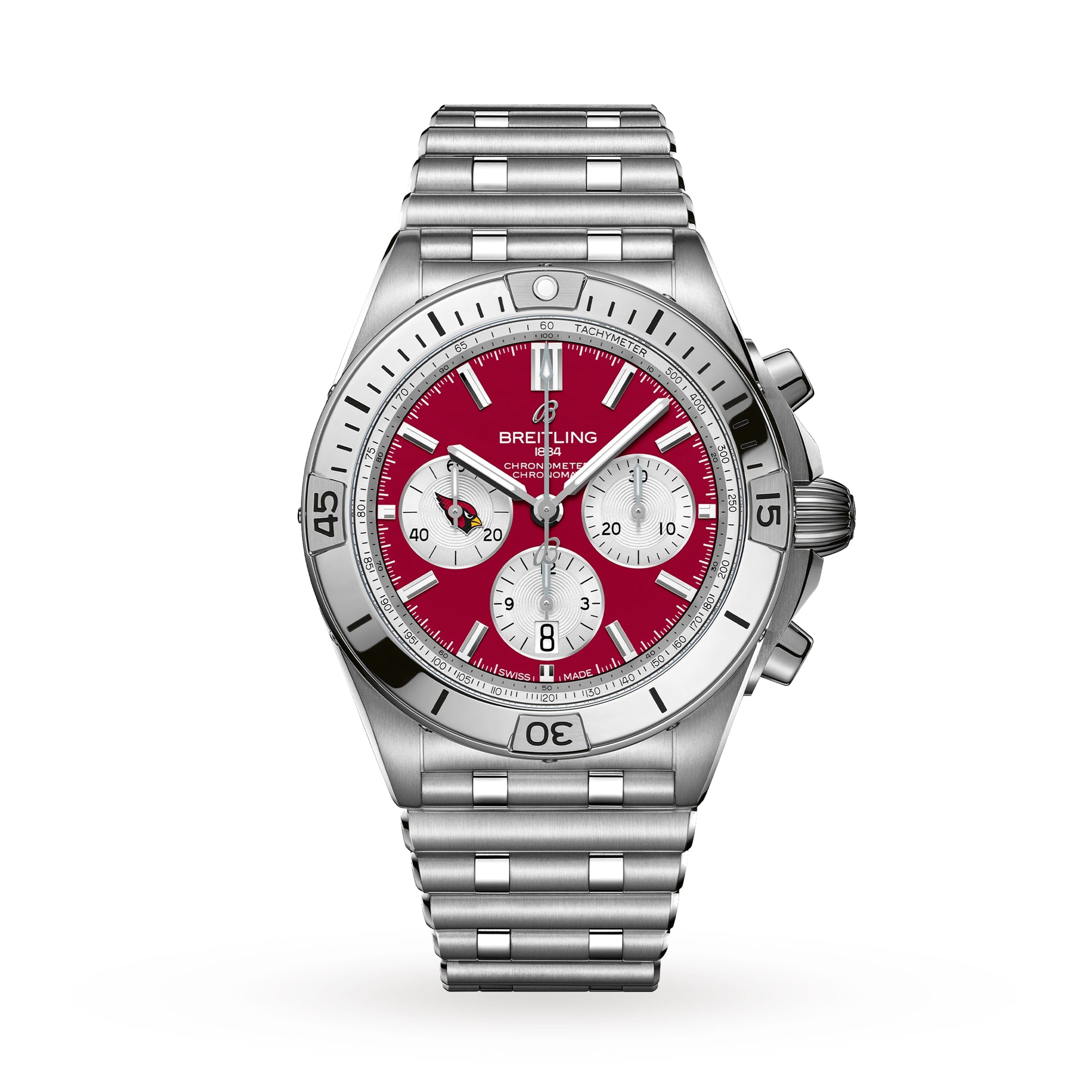 The Breitling Chronomat B01 42 NFL Arizona Cardinals Edition features a stainless steel case, red dial with silver subdials, and is paired with a metal bracelet.
