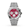 The Breitling Chronomat B01 42 NFL Arizona Cardinals Edition features a stainless steel case, red dial with silver subdials, and is paired with a metal bracelet.