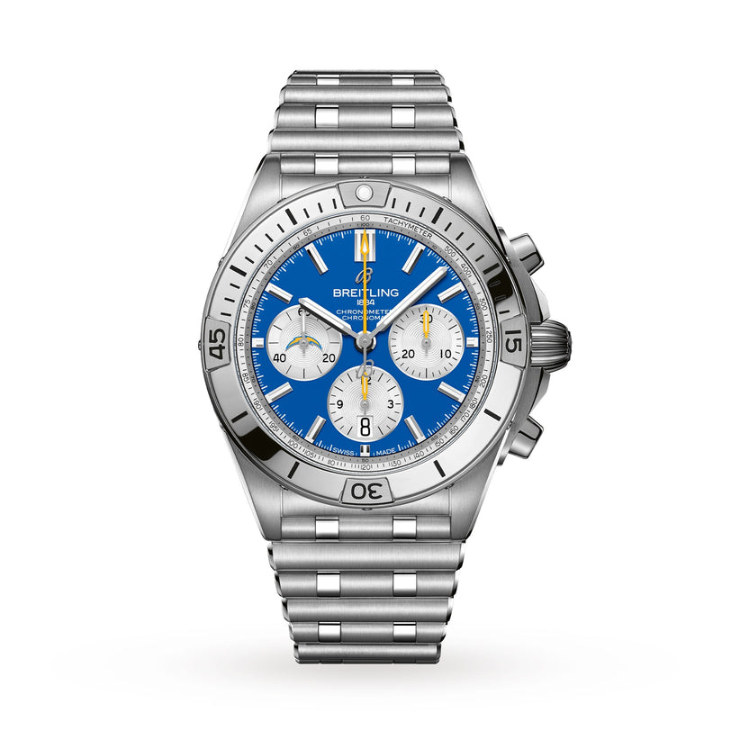 The Breitling Chronomat B01 42 NFL Los Angeles Chargers Edition features a silver case, blue dial with three subdials, and comes on a metal bracelet strap.