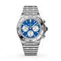 The Breitling Chronomat B01 42 NFL Los Angeles Chargers Edition features a silver case, blue dial with three subdials, and comes on a metal bracelet strap.