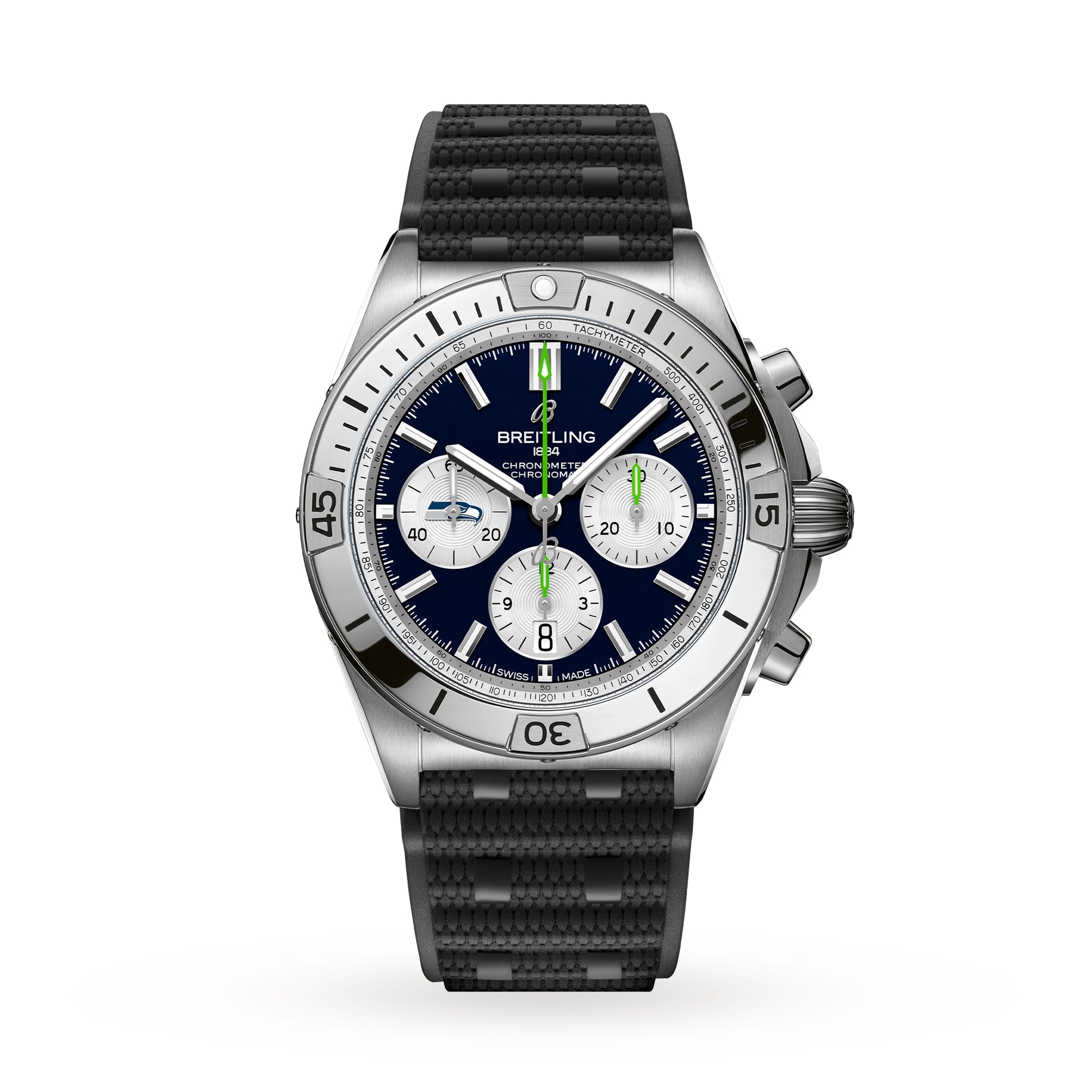 A Breitling Chronomat B01 42 NFL Seattle Seahawks Edition watch in stainless steel with a black strap and blue dial, displaying the time 10:08.