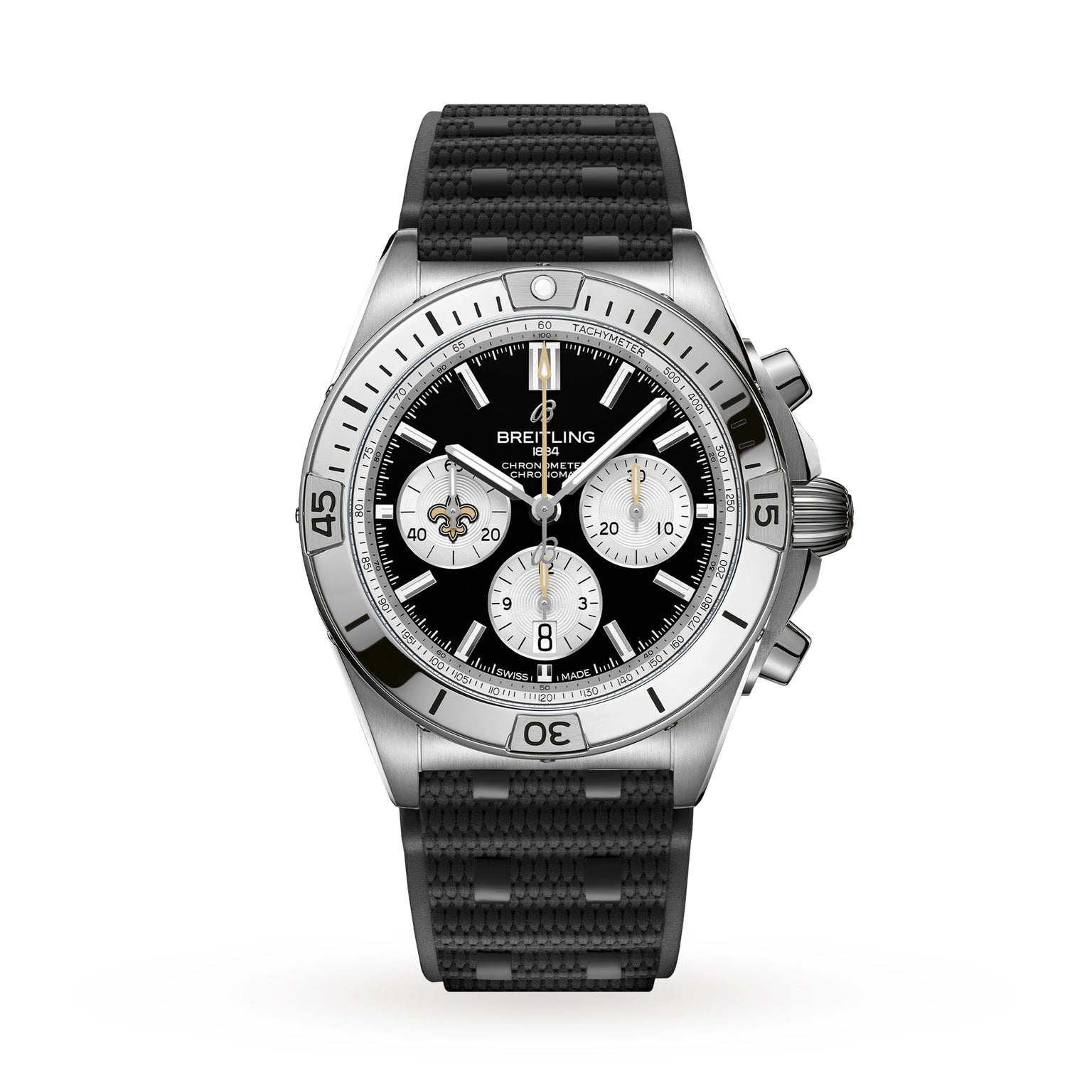 The Breitling Chronomat B01 42 NFL New Orleans Saints Edition is a black and silver chronograph watch featuring three subdials and a black textured strap.