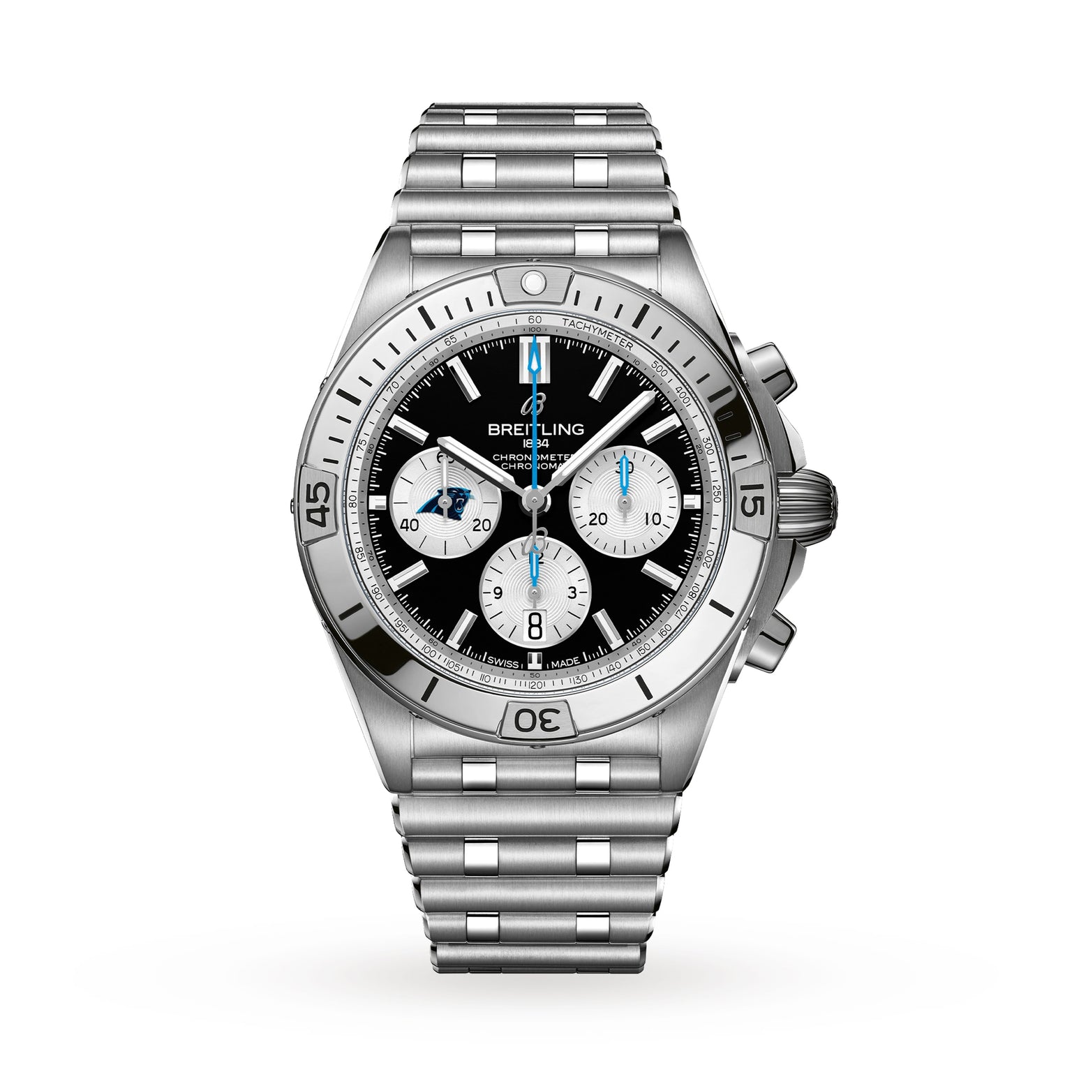 Breitling Chronomat B01 42 NFL Carolina Panthers Edition with silver stainless steel bracelet, black dial, and three subdials.