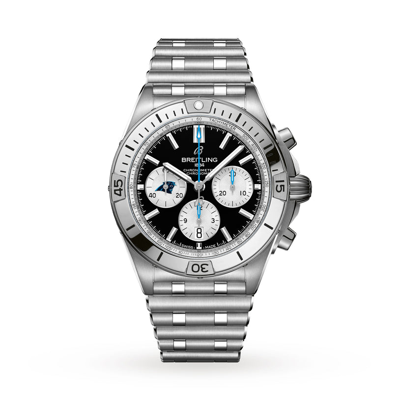 Breitling Chronomat B01 42 NFL Carolina Panthers Edition with silver stainless steel bracelet, black dial, and three subdials.
