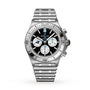 Breitling Chronomat B01 42 NFL Carolina Panthers Edition with silver stainless steel bracelet, black dial, and three subdials.