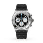 The Breitling Chronomat B01 42 NFL Carolina Panthers Edition is a silver and black chronograph wristwatch featuring a black textured strap and three subdials.