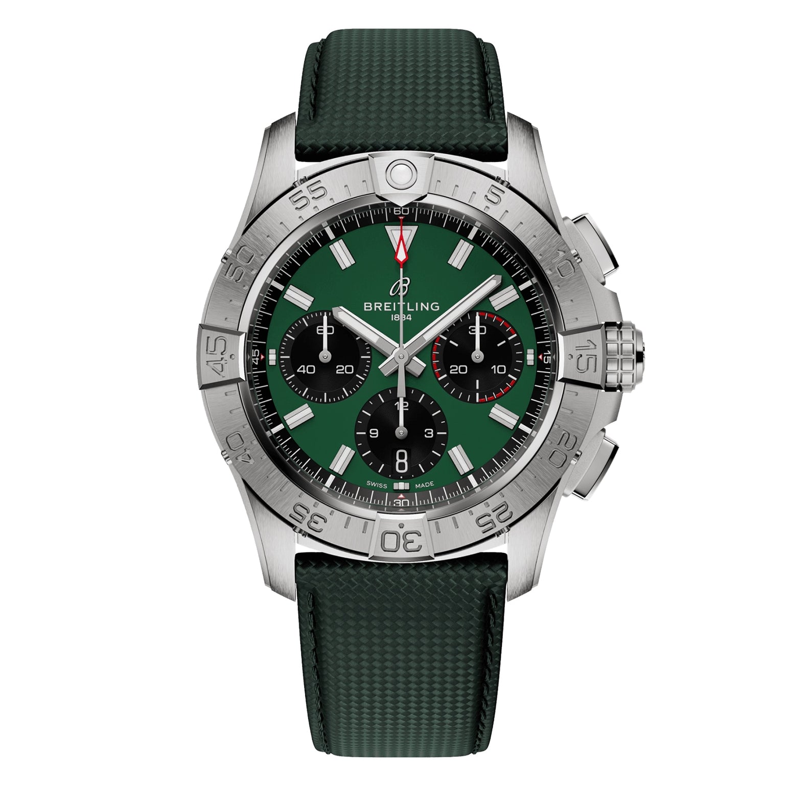 The Breitling Avenger B01 Chronograph 42 features a stainless steel case, green dial with three subdials, black ceramic bezel accents, and a textured green strap.