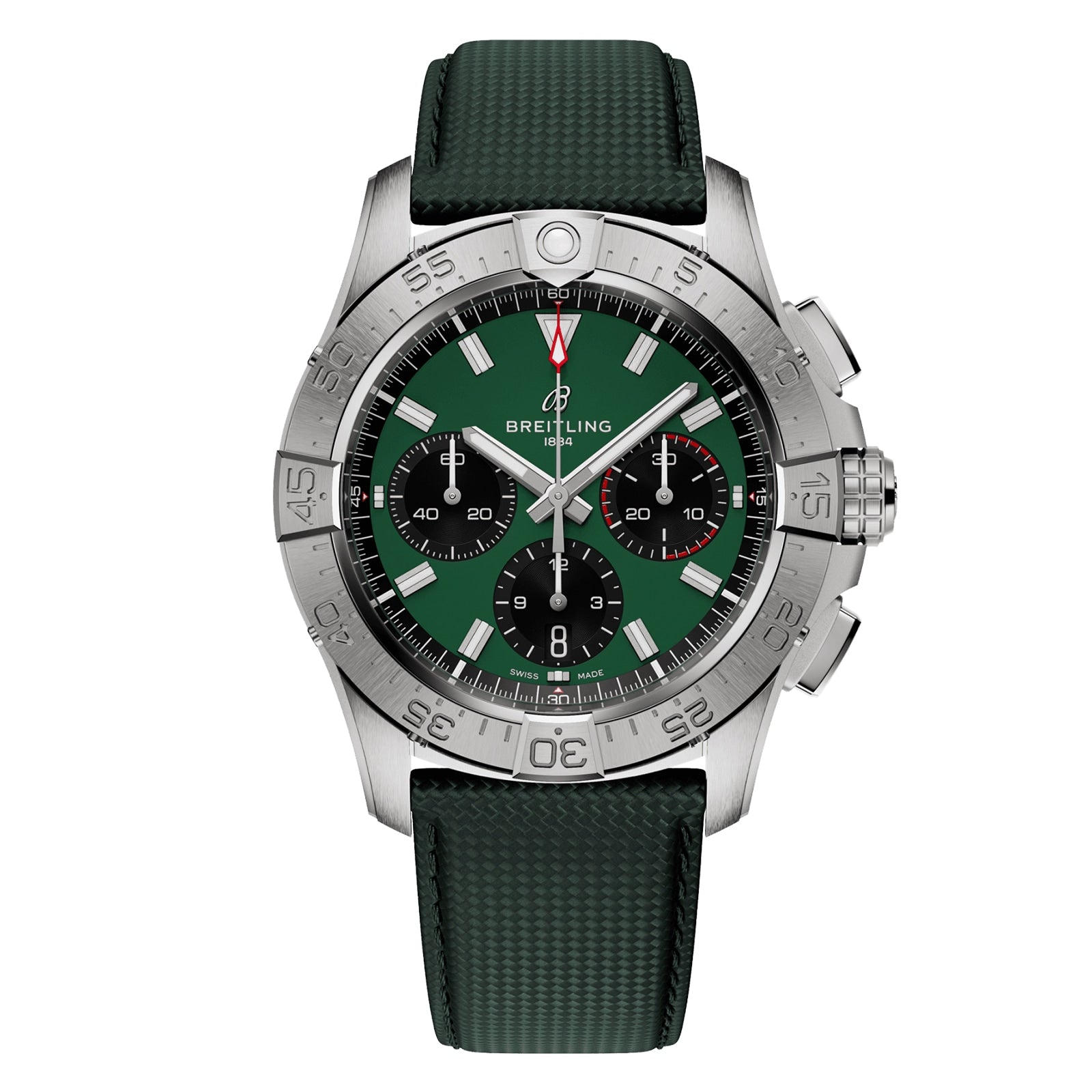 The Breitling Avenger B01 Chronograph 42 features a stainless steel case, green dial with three subdials, black ceramic bezel accents, and a textured green strap.