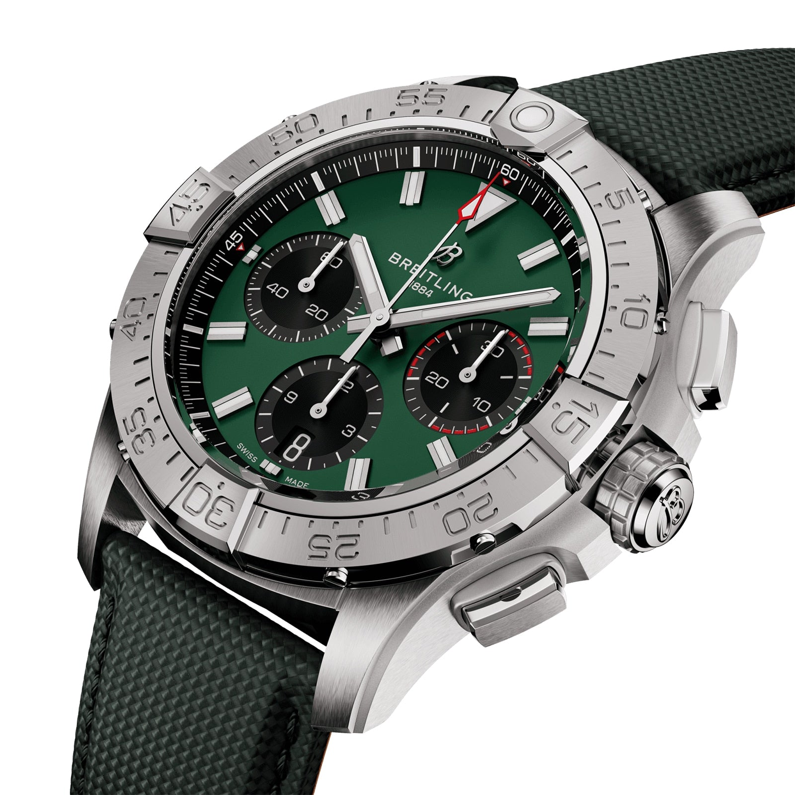 The Breitling Avenger B01 Chronograph 42 features a stainless steel case, green dial with three subdials, date window, and a textured green strap.
