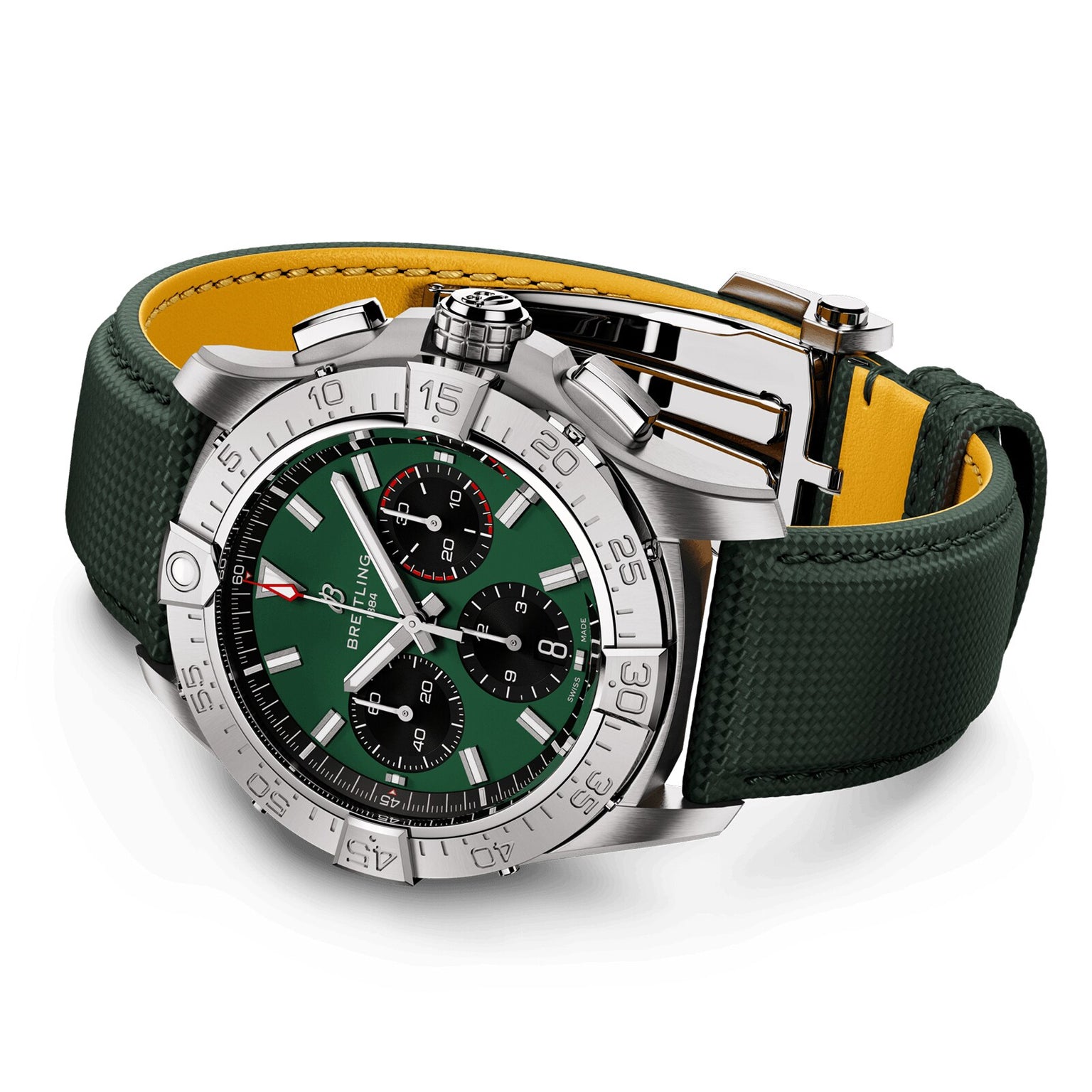 The Breitling Avenger B01 Chronograph 42 is a stainless steel watch featuring a green dial with black subdials and a green textured leather strap lined in yellow.