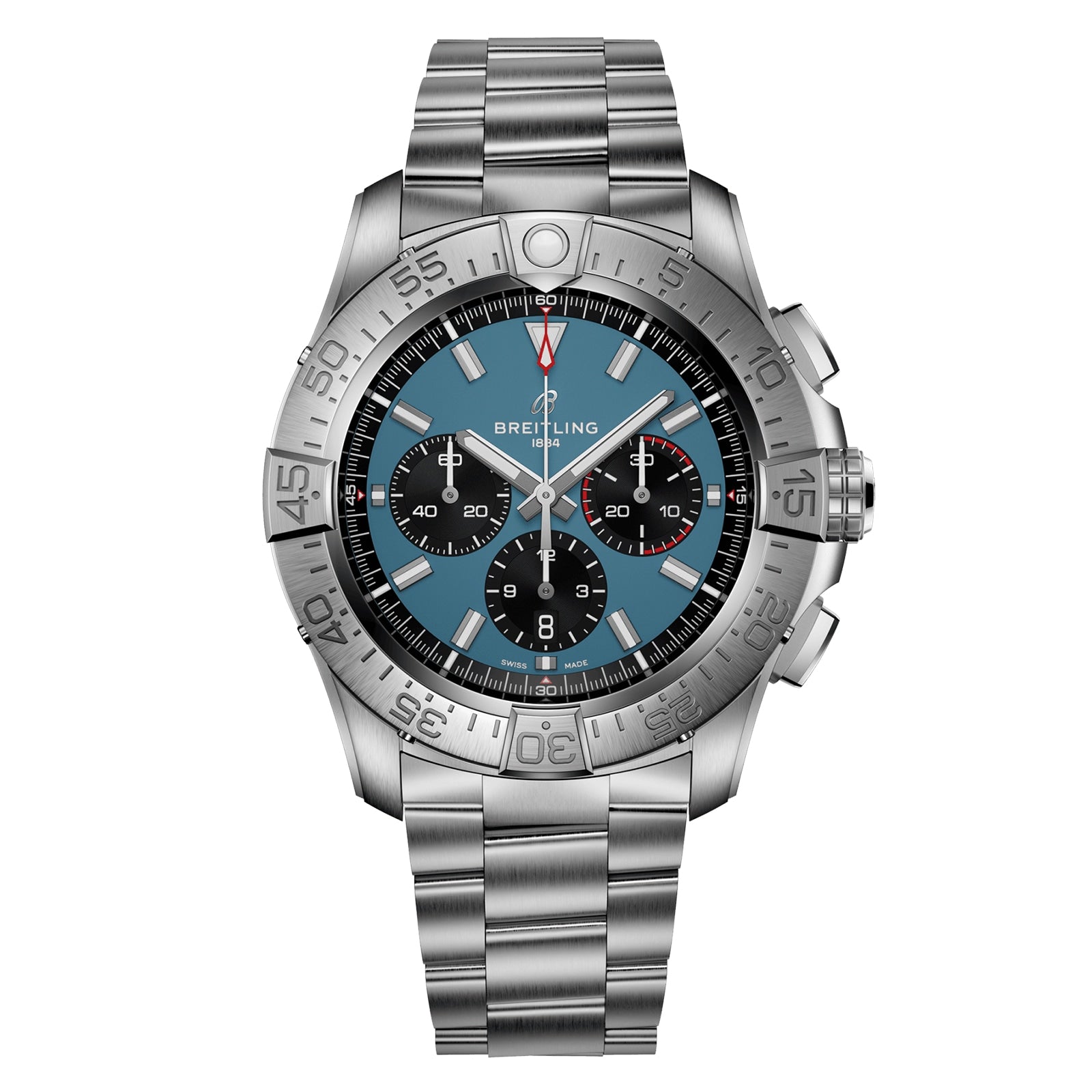 The Breitling Super Avenger B01 Chronograph 46 features a stainless steel case, blue dial with three subdials, date display, and metal link bracelet—capturing the brands iconic aviation style.