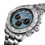 The Breitling Super Avenger B01 Chronograph 46 features a stainless steel case, blue dial with three subdials, date display, and rotating bezel on a metal bracelet—delivering bold aviation-inspired style.