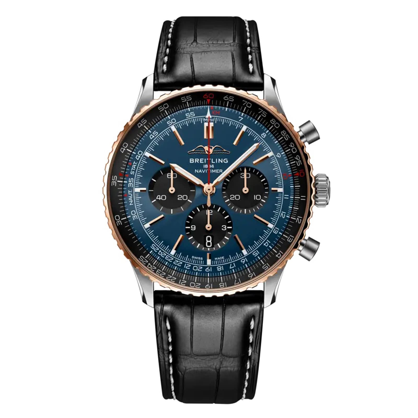 The Breitling Navitimer B01 Chronograph 46 features a blue dial, black leather strap, and rose gold bezel.