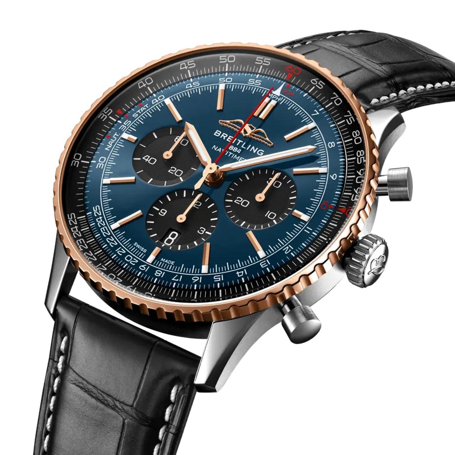 The Breitling Navitimer B01 Chronograph 46 features a blue dial, rose gold bezel, and black leather strap, combining luxury style with precision.