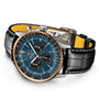The Breitling Navitimer B01 Chronograph 46 is a luxury wristwatch featuring a blue dial, gold bezel, and black leather strap.