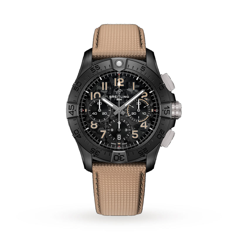 The Breitling Avenger B01 Chronograph 42 Night Mission is a black chronograph watch with a beige textured strap and large white numerals on the dial.