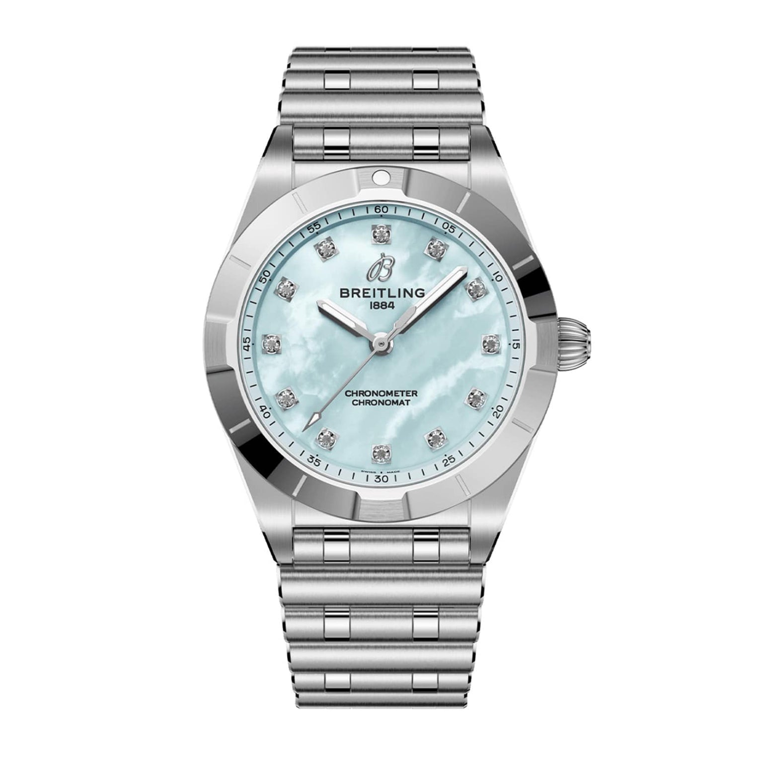 The Breitling Chronomat 28 wristwatch features stainless steel, a blue mother-of-pearl dial with lab-grown diamond hour markers, and a metal link bracelet, displayed on a white background.
