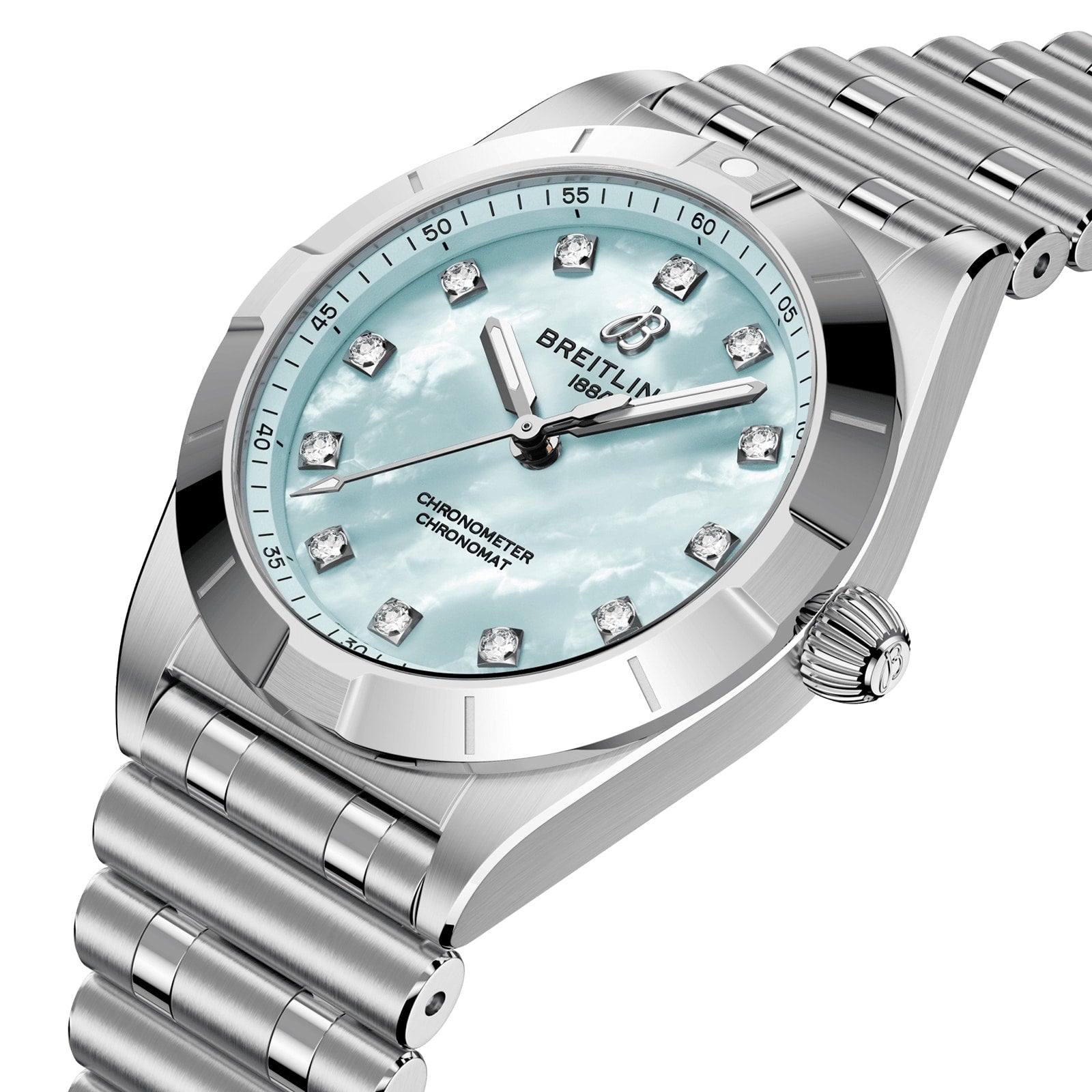 A Breitling Chronomat 28 wristwatch in silver with a light blue dial, lab-grown diamond hour markers, and a metal link band, shown from a three-quarter angle.