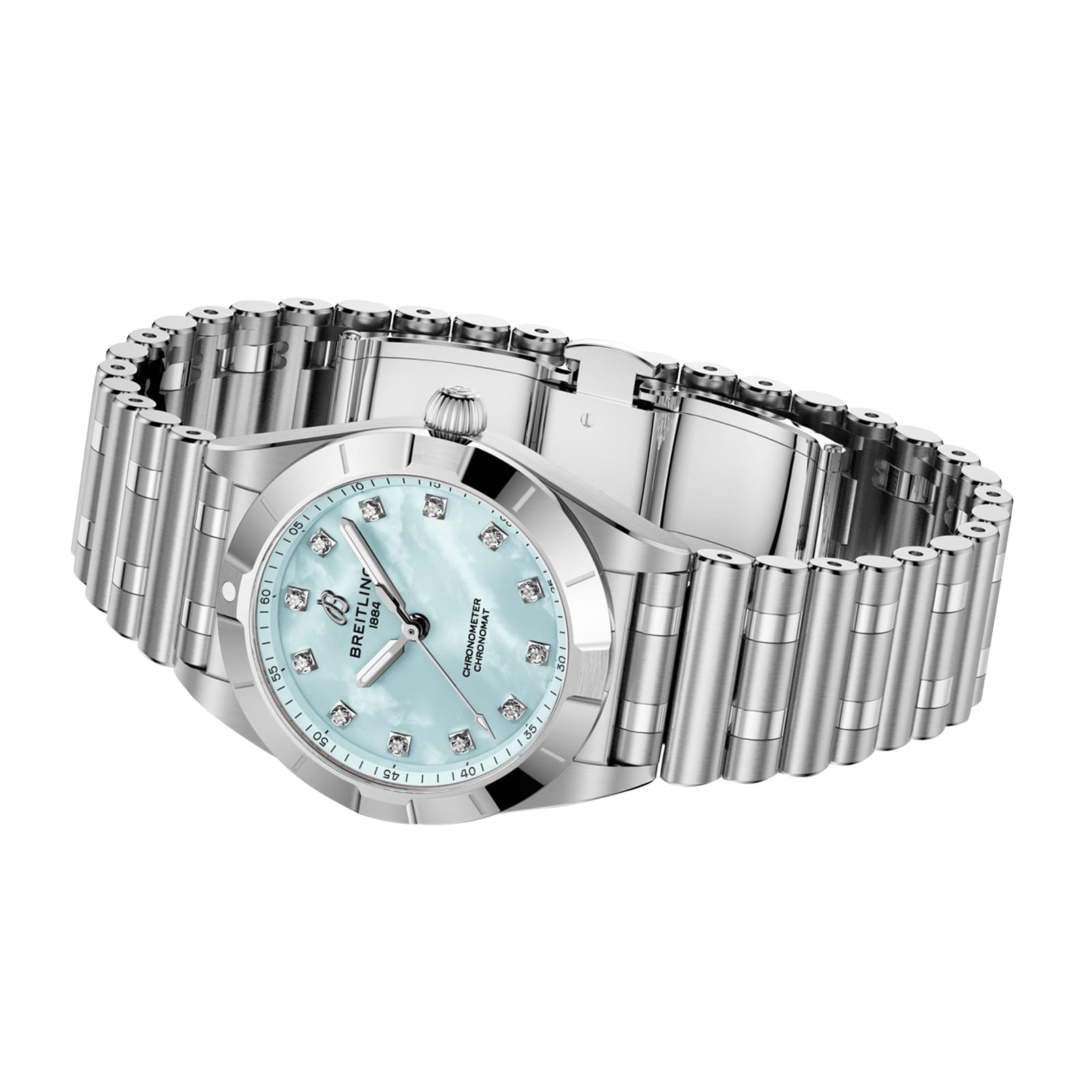 The Breitling Chronomat 28 is a stainless steel wristwatch with a silver link band and a light blue dial accented by lab-grown diamond hour markers.