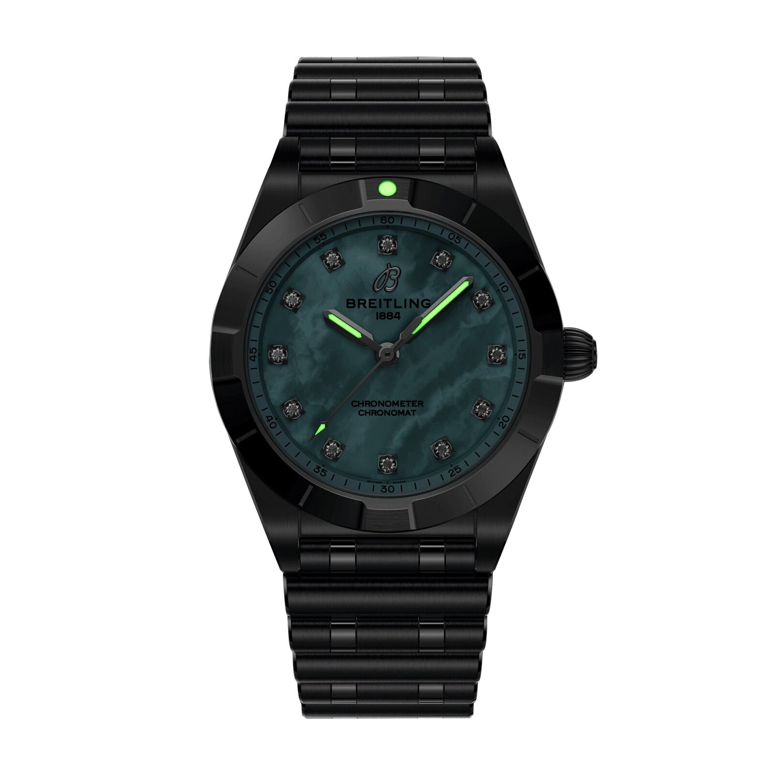 A Breitling Chronomat 28 wristwatch featuring a black case, dark green marbled dial with lab-grown diamond hour markers, black bezel, black metal bracelet, and displaying the Breitling logo and 1884.