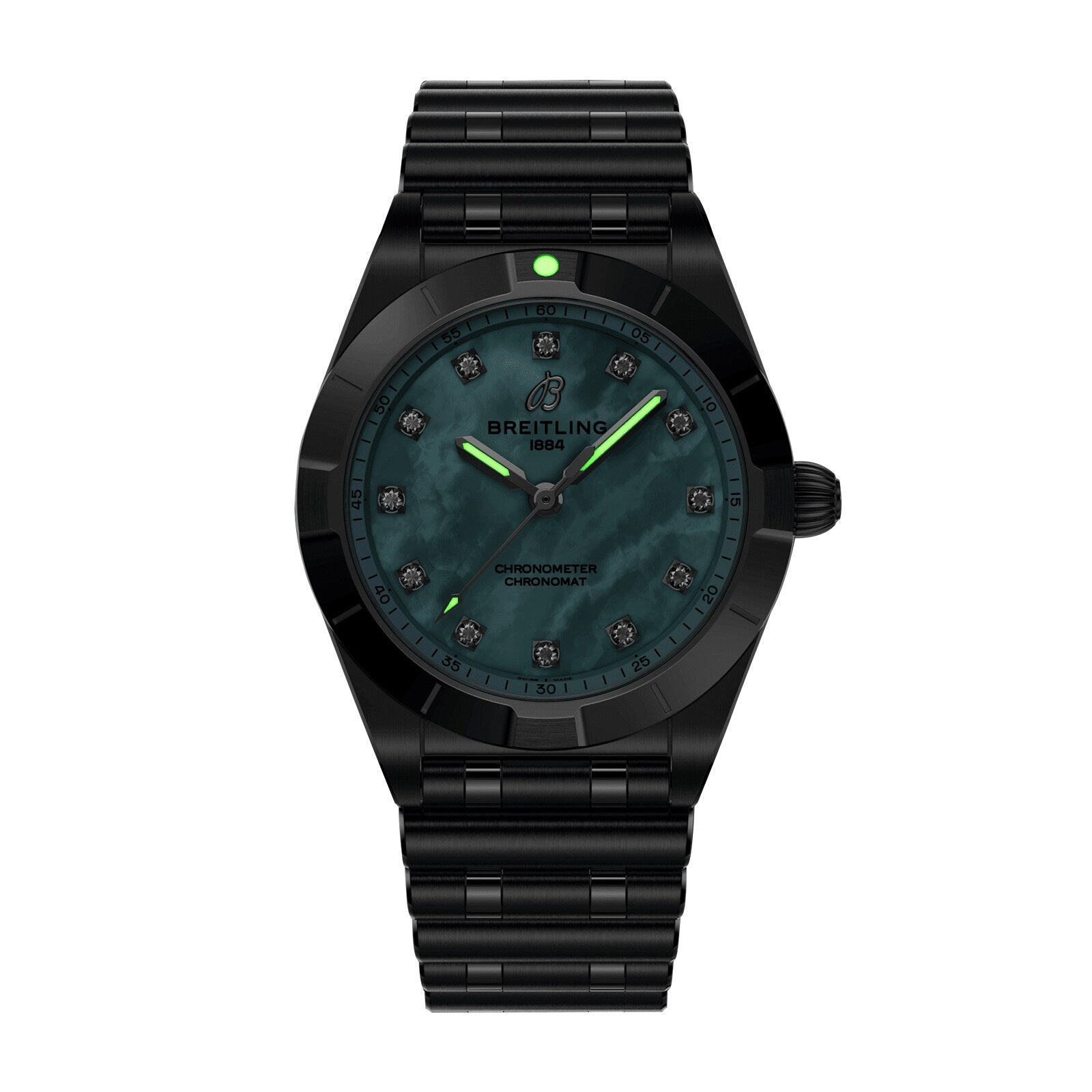 A Breitling Chronomat 28 wristwatch featuring a black case, dark green marbled dial with lab-grown diamond hour markers, black bezel, black metal bracelet, and displaying the Breitling logo and 1884.