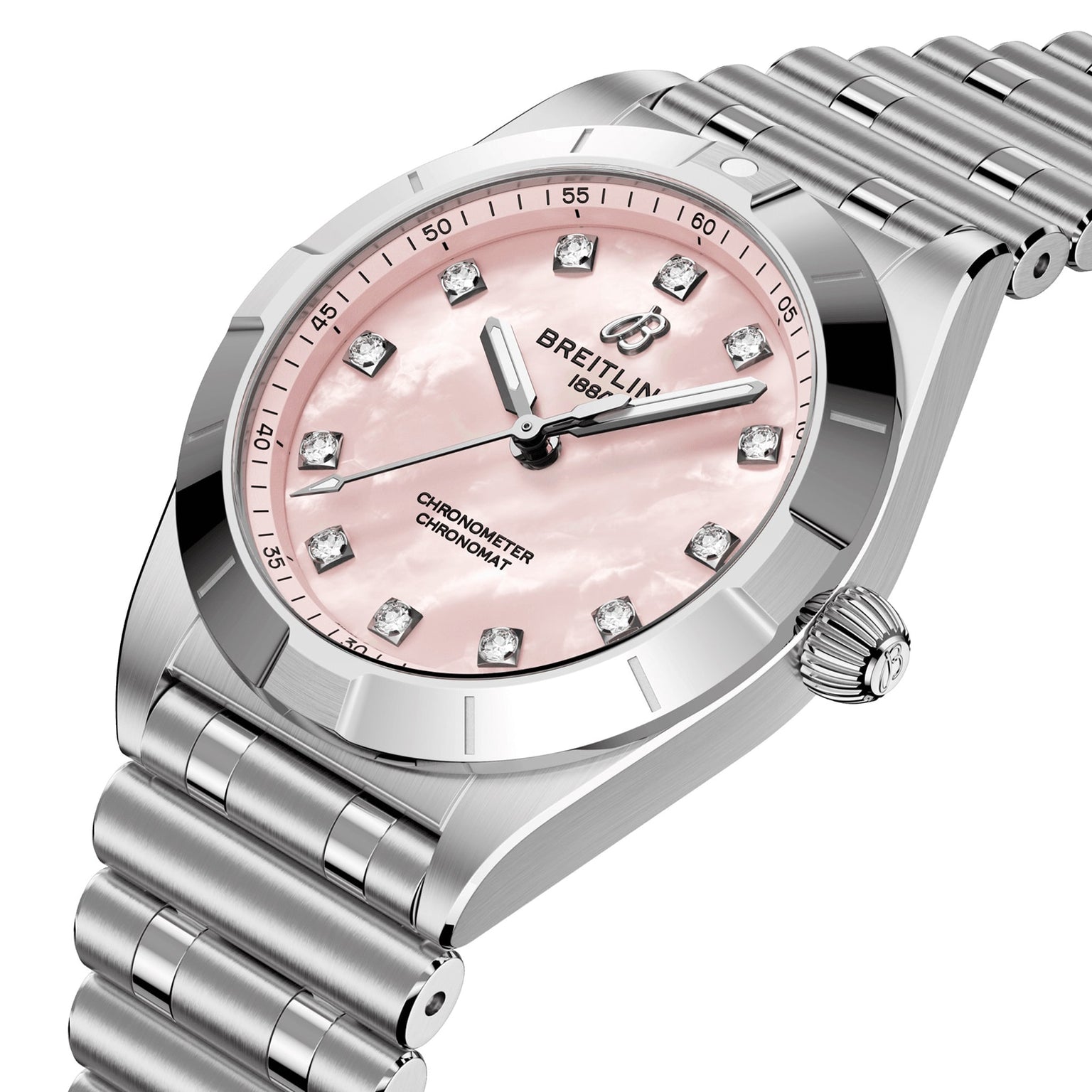 The Breitling Chronomat 28 is a stainless steel wristwatch featuring a pink mother-of-pearl dial, lab-grown diamond hour markers, and a silver metal link bracelet.