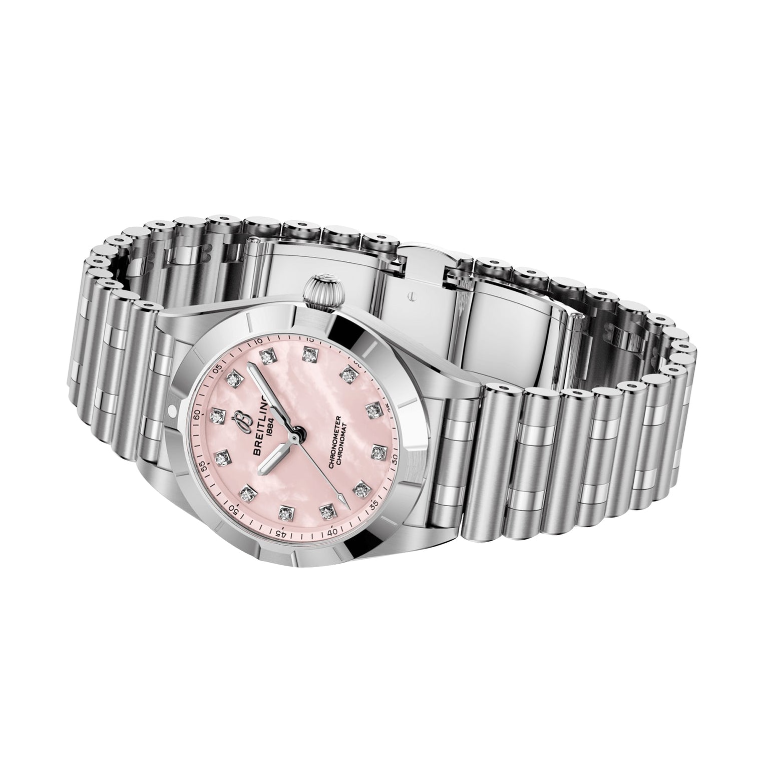 The Breitling Chronomat 28 wristwatch, featuring a silver case, pink mother-of-pearl dial with lab-grown diamond hour markers, and a metal link bracelet, is shown against a white background.