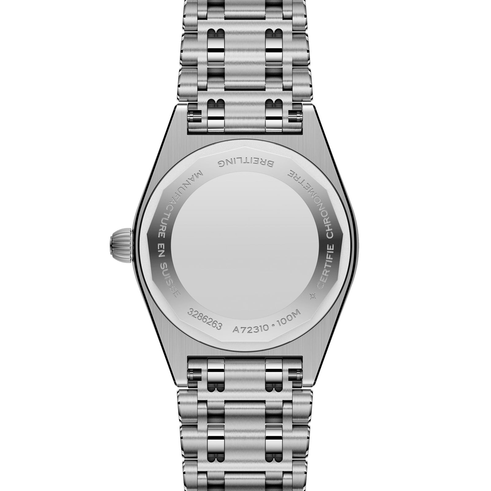 The back view of the Breitling Chronomat 28 stainless steel wristwatch features engraved text around the case and a metal link bracelet.